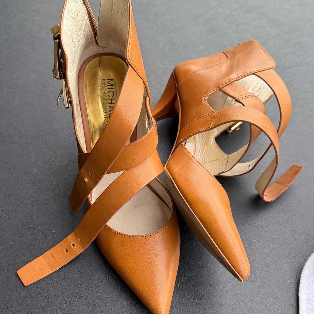 Michael Kors Cognac Leather Pointed-Toe Strappy Heels